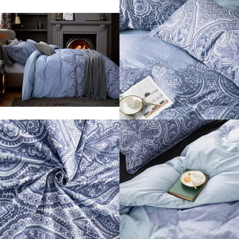 طقم غطاء لحاف مغربي فاخر مكون من 3 قطع على الطراز البوهيمي مع نمط ميدالية بوتيه الدمشقي، عدد 400 خيط مصري #1