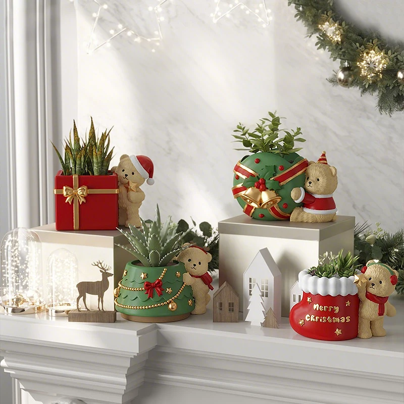 Christmas Cute Bear Resin Succulent Plant Pots Decorative Tabletop Accessories Small Animal Themed Flower Pots for Home Decor