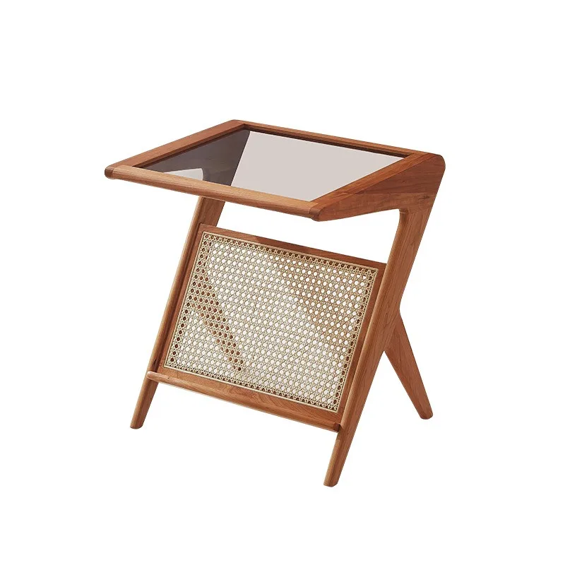 

Medieval bedside side leisure rack cherry wood corner glass small coffee table