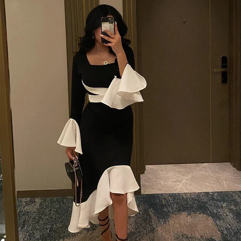 Little Daisy Customized Sleeve Asymmetrical Jersey Ankle Length Ruffles Zipper Back Contrast Color Elegant Evening Dresses Woman