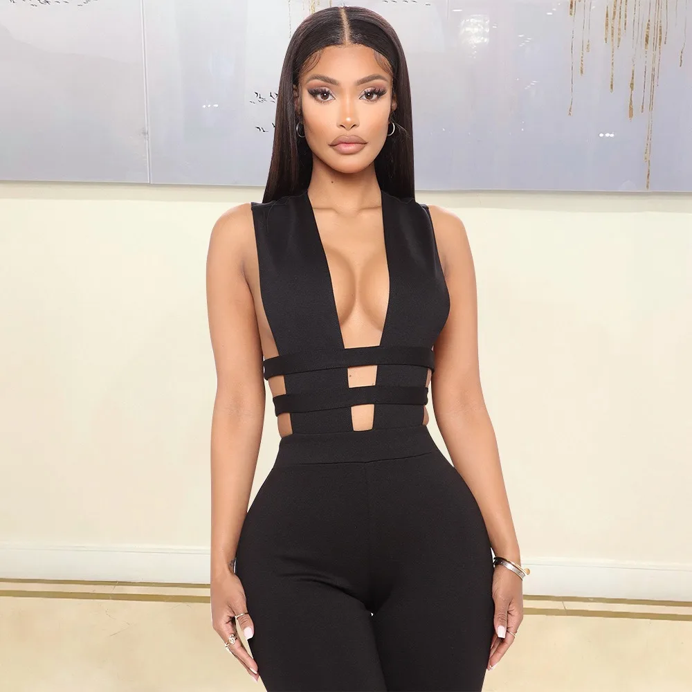 Sexy Nightclub Party Prom Club Banquet Hollow Splicing V-Neck Sleeveless Skinny Jumpsuit