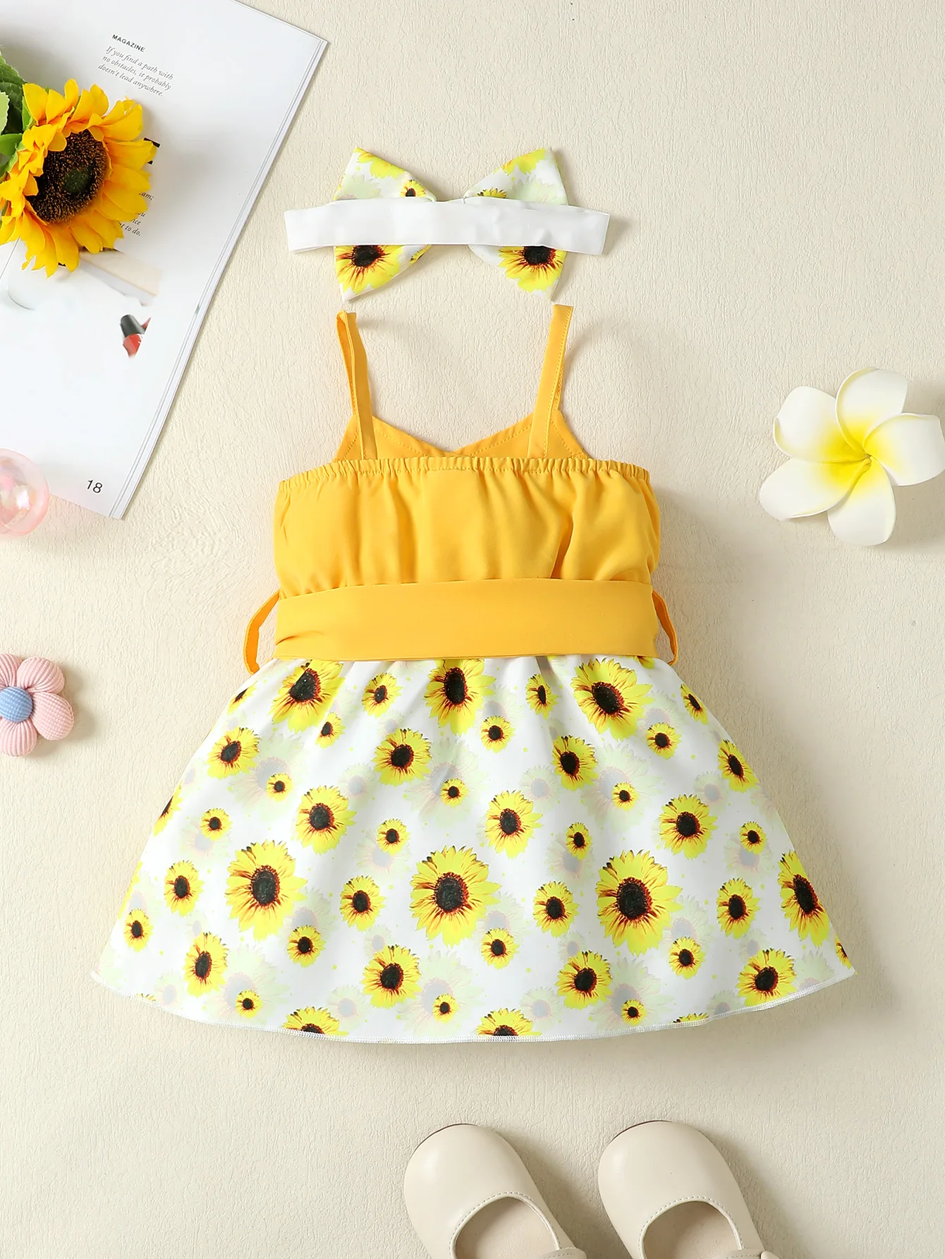 Summer Dress for Kids 0-24 Months Style Fashion Belt Sunflower Print Dress Princess Formal Splicing of Straps  Dresses