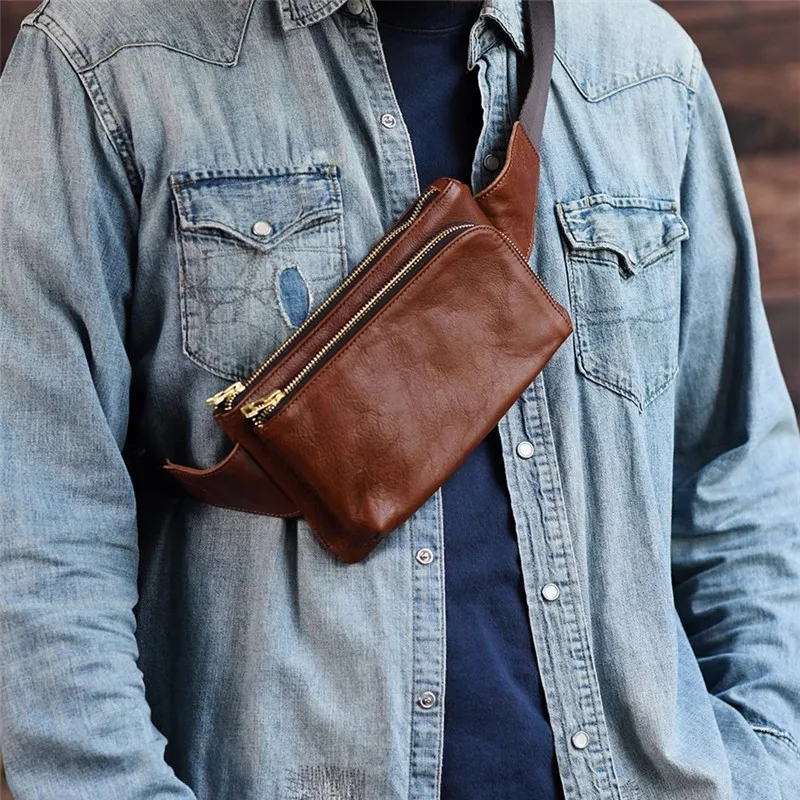 Simple casual genuine leather men\'s small chest bag designer outdoor weekend motorcycle natural real cowhide crossbody bag