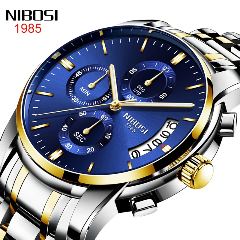 NIBOSI New Fashion Blue Dial Quartz Watch for Men Stainless Steel Waterproof Sport Chronograph Mens Watches Top Brand Luxury