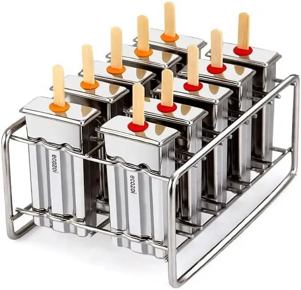 

Stainless Steel Popsicle Molds and Rack - 10 Ice Pop Makers with 50 Bamboo Sticks, 20 Silicone Seals, Cleaning Brush, Easy to