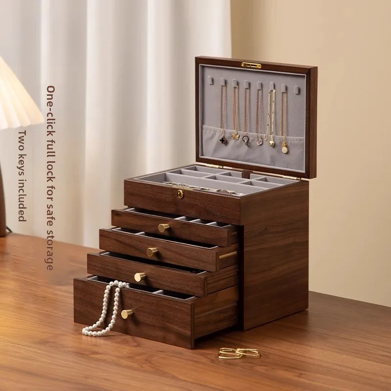 Caja de almacenamiento de joyas de madera con cerradura, joyero premium retro de gran capacidad, regalo de boda, joyero de oro.