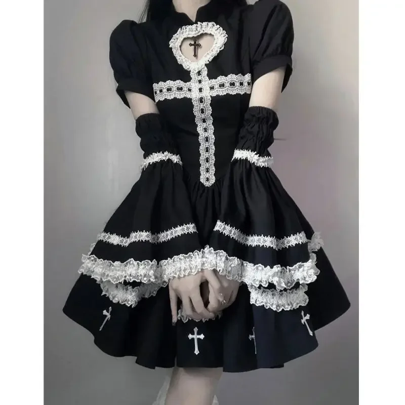 Japanese Black Gothic Lolita Dress Women Kawaii Preppy Style Lace Ruffles Hollow Midi Dresses Female All-Match Y2k Cute Dress