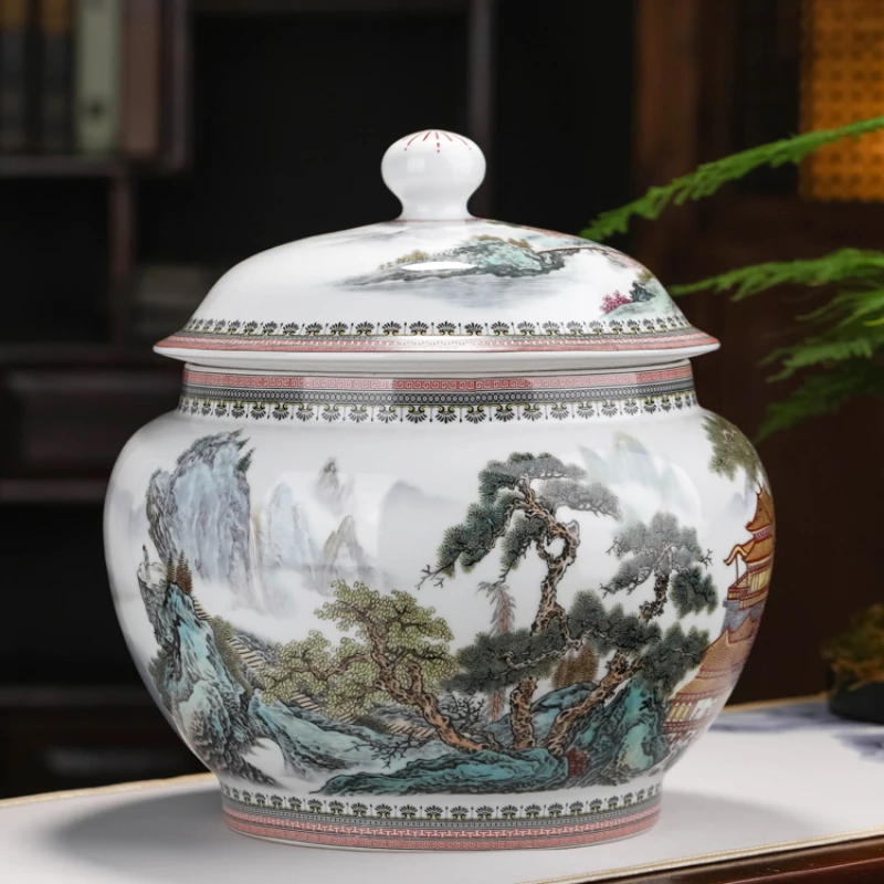 Antique Chinese porcelain oversize tea jar ceramic large-capacity packaging box cake storage