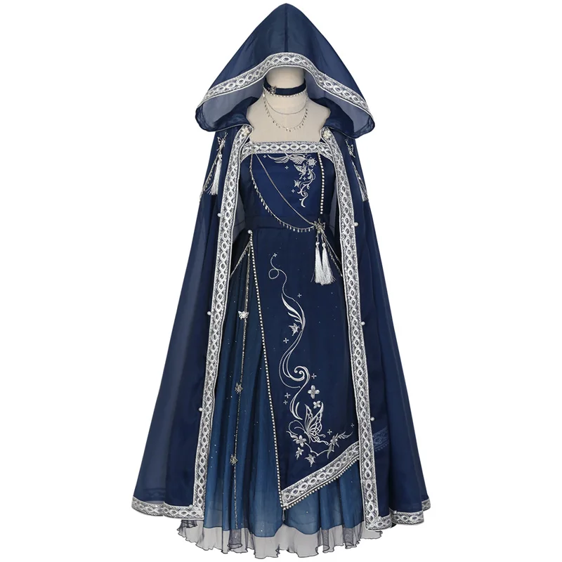 Chinese Style Halter Dress + Hooded Cape Set Navy Blue Lolita Dress Vintage Tulle Sling Dress