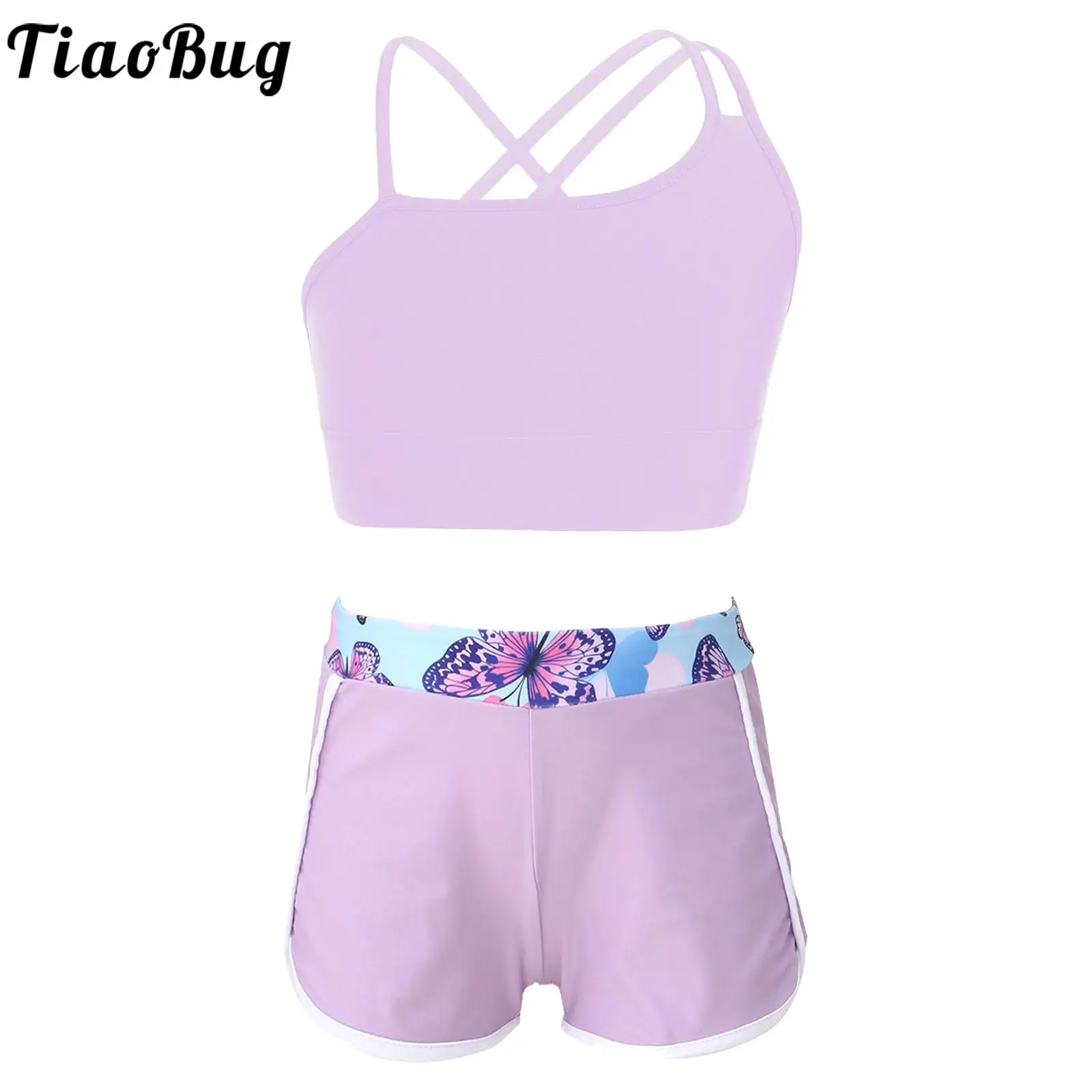 2pcs Kids Girls Asymmetrical Spaghetti Shoulder Straps Strappy Back Crop Top with Stylish Shorts for Sports Workout Swimming