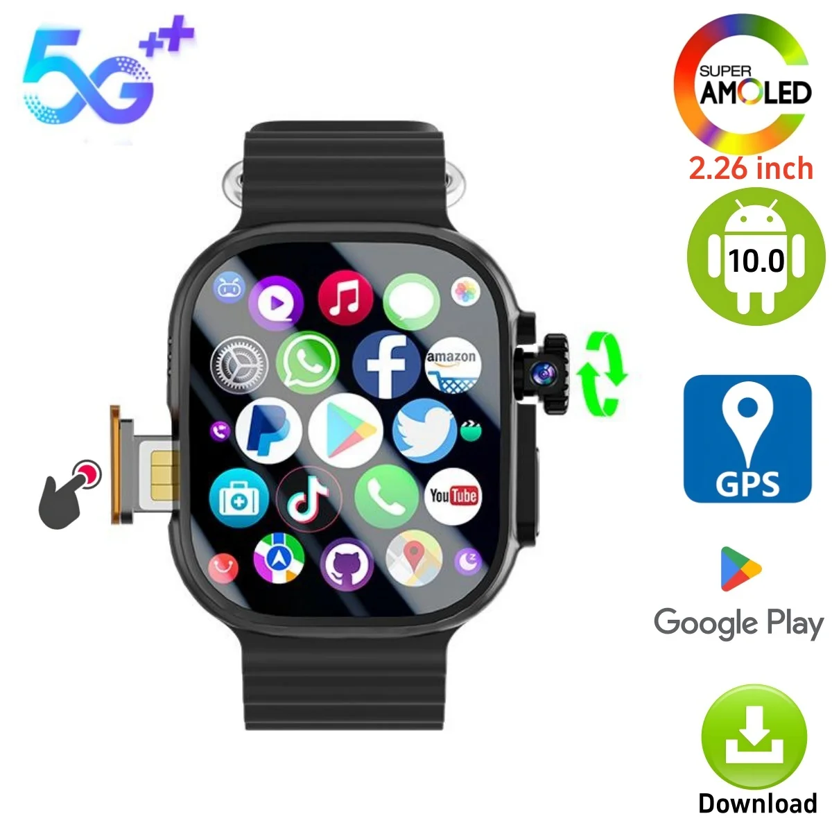 DW100 Smartwatch 4G/5G LTE Android 10.0 180° Rotary camera 256GB ROM WiFi GPS SIM card 2.29 Inch Amoled Play Store Smart Watch