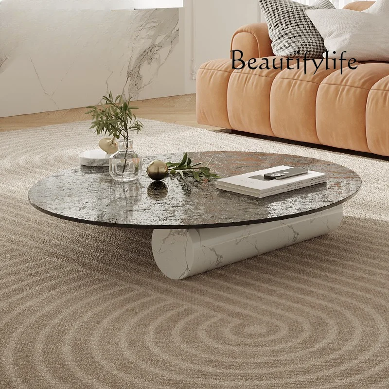 Italian Marble Water Ripple Glass Tea Table Living Room Cream Style Designer Creative round Tea Table