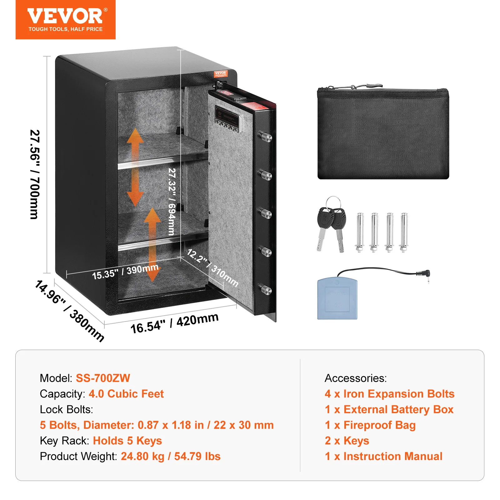 SucceBuy Enkele deur 4,0 cu.ft kluis met sleutelslot Wachtwoord en vingerafdruk Safe Lock Box met vuurvaste tas Sleutelrek en LED-licht