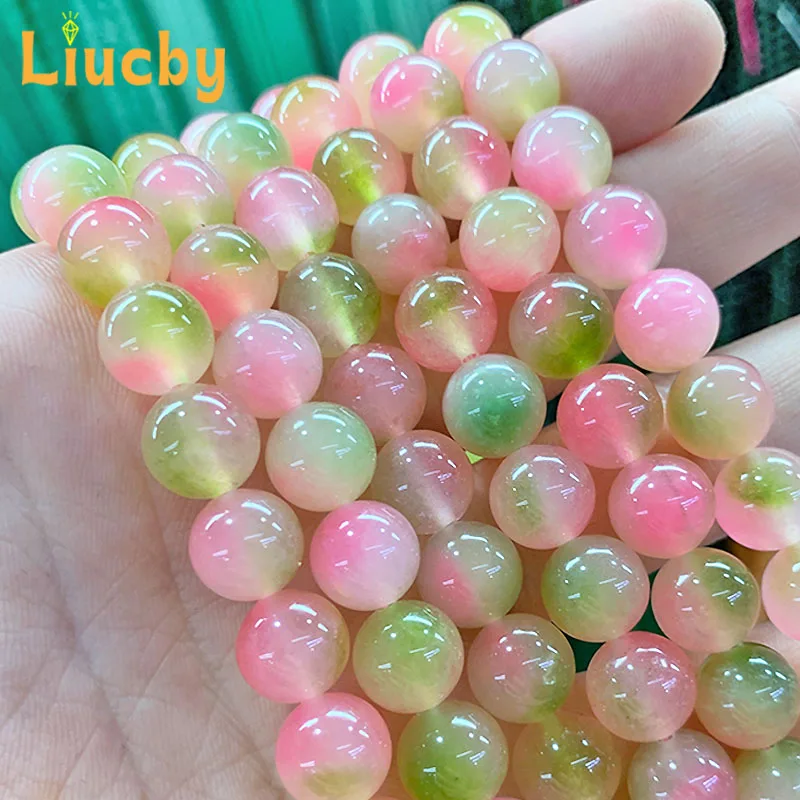 Peach Jade Marrow Chalcedony Natural stone pink green beads for Jewelry Making DIY Bracelets Accessories 15\