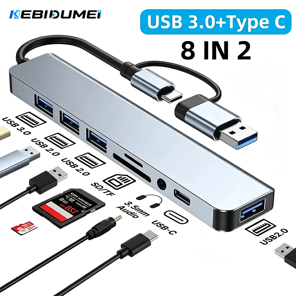 KEBIDUMEI USB 3.0 Type C Adapter Docking Ststion USB 2.0 Port TF SD Card Reader Audio Output Multi-hub Splitter for Laptop