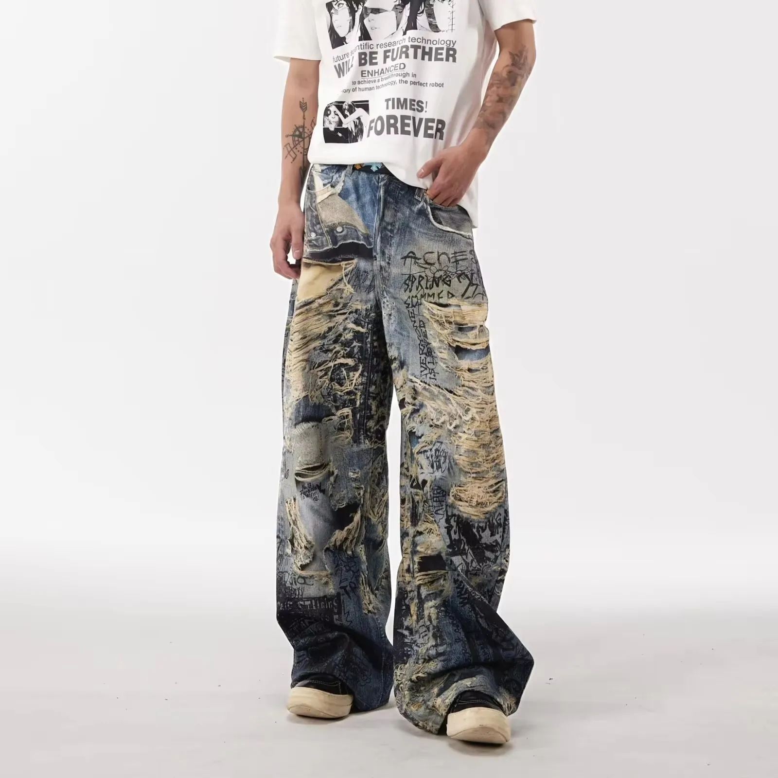 Men's Graffiti Destroyed 3D Print Vintage Jeans Distressed Wide Leg Baggy Pants Streetwear Loose Straight Denim Trousers For Men