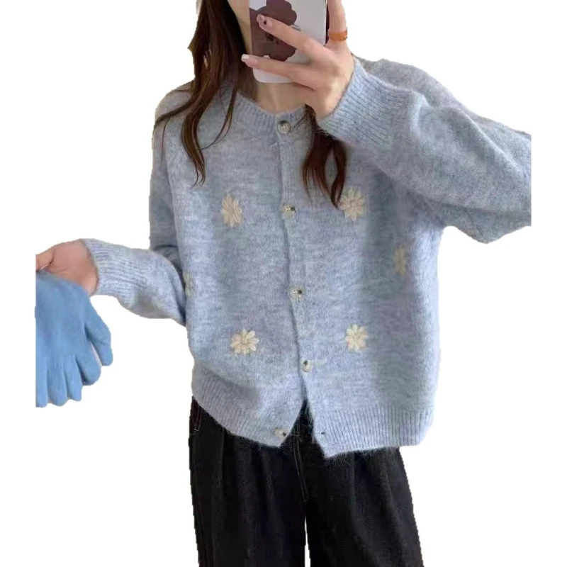 Mantel Wanita Kardigan Sweater Mantel Jaket Leher Bulat Lengan Panjang Jumper Y2k Streetwear Rajutan Elegan Jahitan Terbuka Musim Gugur Musim Dingin