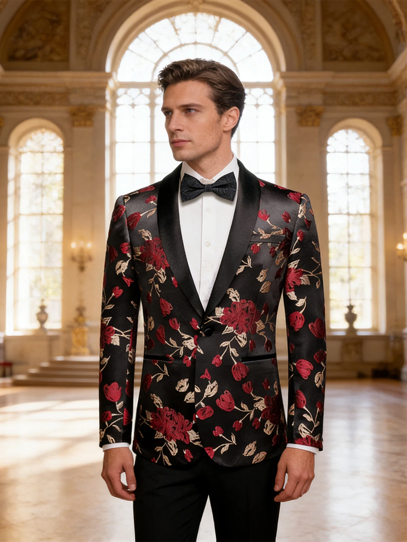 Men Formal Wear Red - Black Base Red Tulip Floral Jacquard
