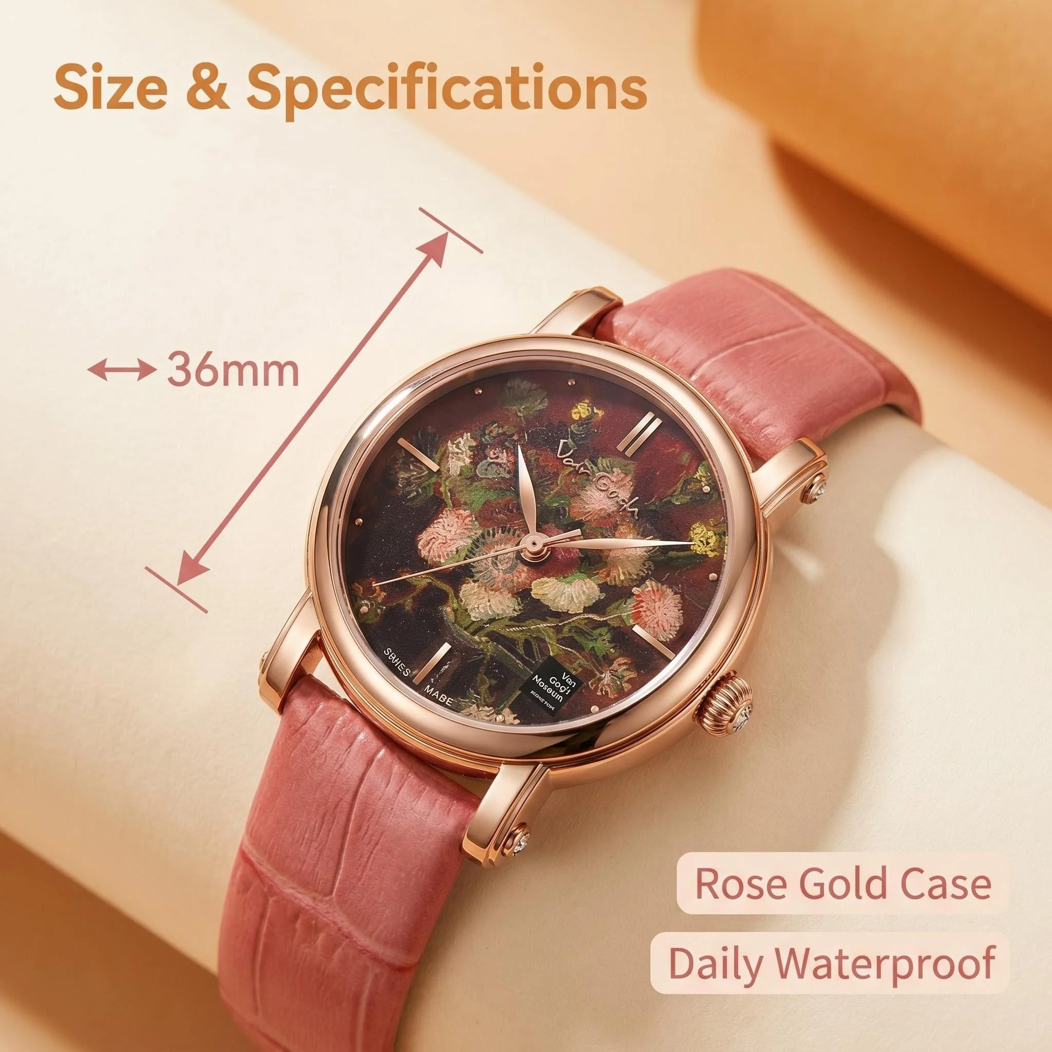 

Van Gogh Luxury Oil Painting Dial Quartz Wristwatch Rose Gold 36mm Waterproof Cowhide Strap Women Watch