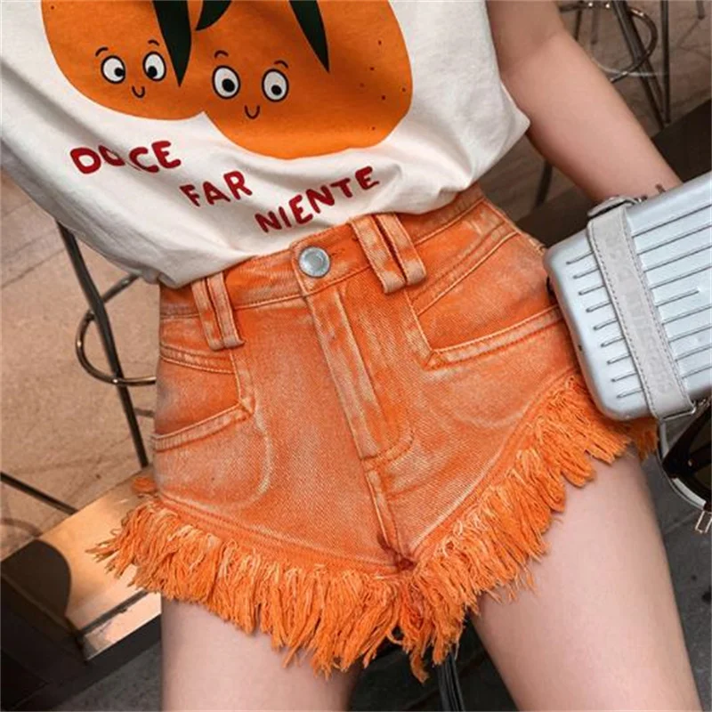 Orange tassel denim shorts women summer high waist shorts summer fringed edge wide leg A-line short pants