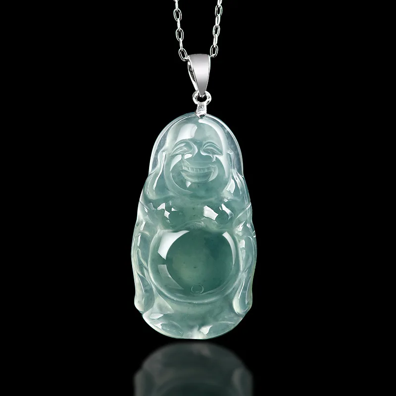 

Natural Type A Blue Water Jadeite Standing Buddha Pendant Icy S925 Sterling Silver Women's Fashion Necklace