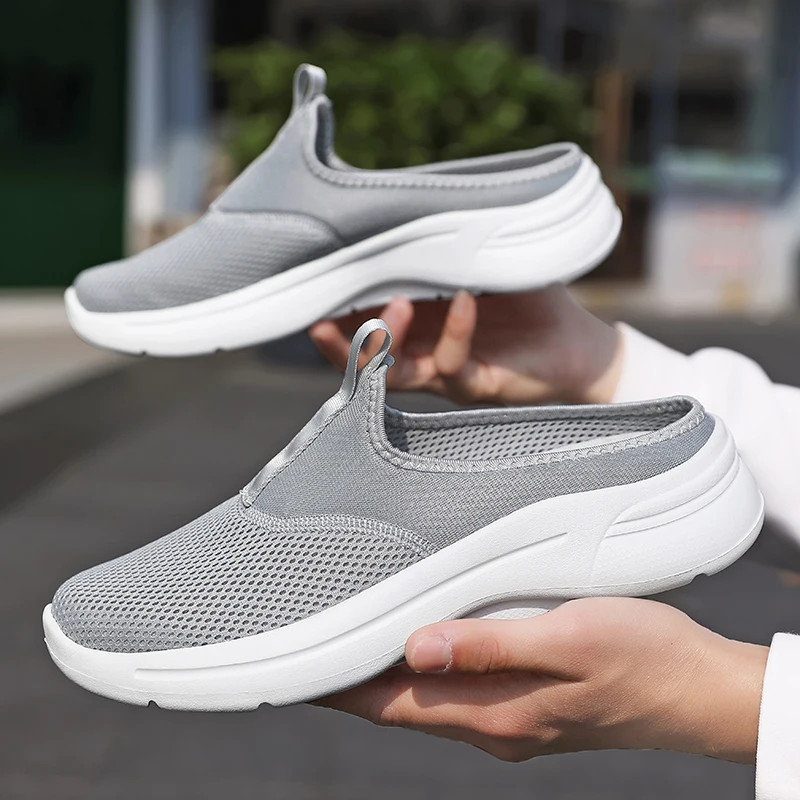 Men Casual Shoes Mesh Slip-On Solid Color Loafers Flat Slippers Summer Couple Shoes Half Slippers Plus Size Sandalias Zapatos