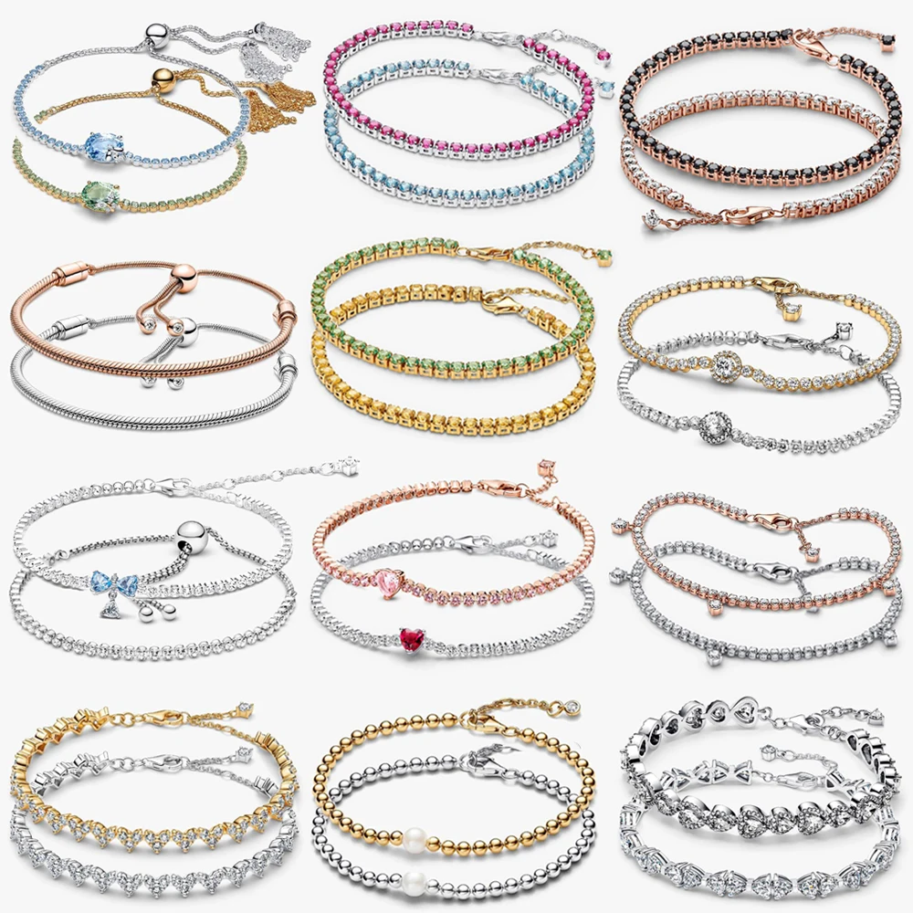 

2026 New 925 Silver Sparkling Colorful Love Zircon Bead Sliding Tennis Adjustable Bracelet DIY Exquisite Charm Jewelry Gift