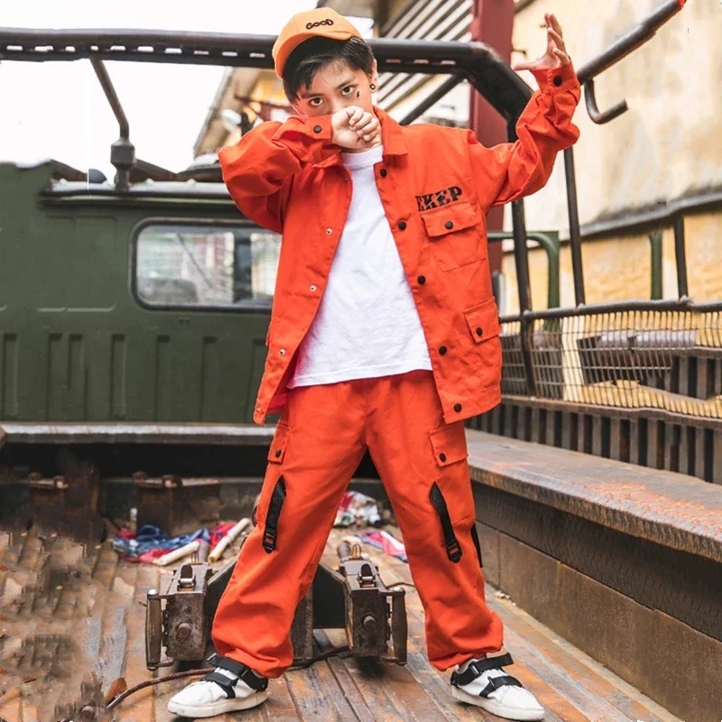 Boys Street Dance Jacket Orange Cargo Pants Girls Hip Hop Shirt Clothes Sets Children Joggers Kids Streetwear Jazz Coat Costumes