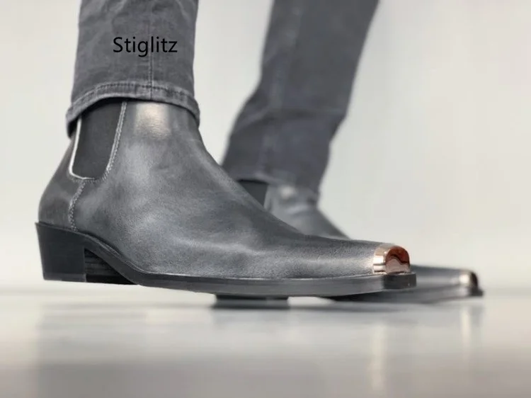 Botas Chelsea de punta cuadrada de Metal para hombre, botines de charol sin cordones, estilo británico, zapatos de negocios para boda