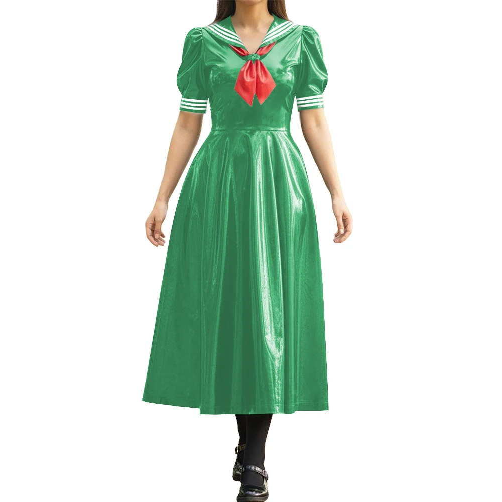 Vinyl PVC Leather Long Sailor Dress with Puff Sleeve Japanese Cosplay Women's School Uniform Halloween Party Role Play Outfits view 4