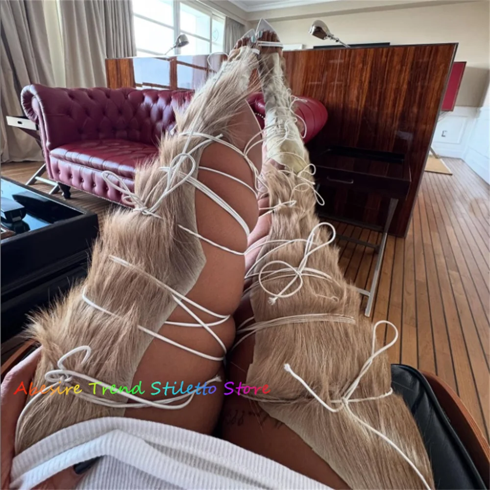 

Furry Decor High Heel Sandals Women Pointy Toe Lace Up Stiletto Heel Summer New Sexy Wrap Hollow Out Party Dress Thigh Shoes