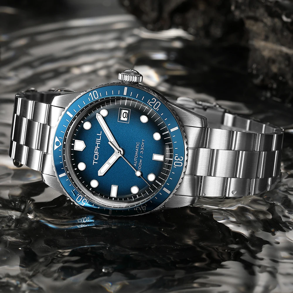 TOPHILL 40mm Mechanical Men\'s Watches NH35 Automatic Swim Aluminum Bezel 10Bar Sports Mineral Glass Luminous C3 316L TD010G