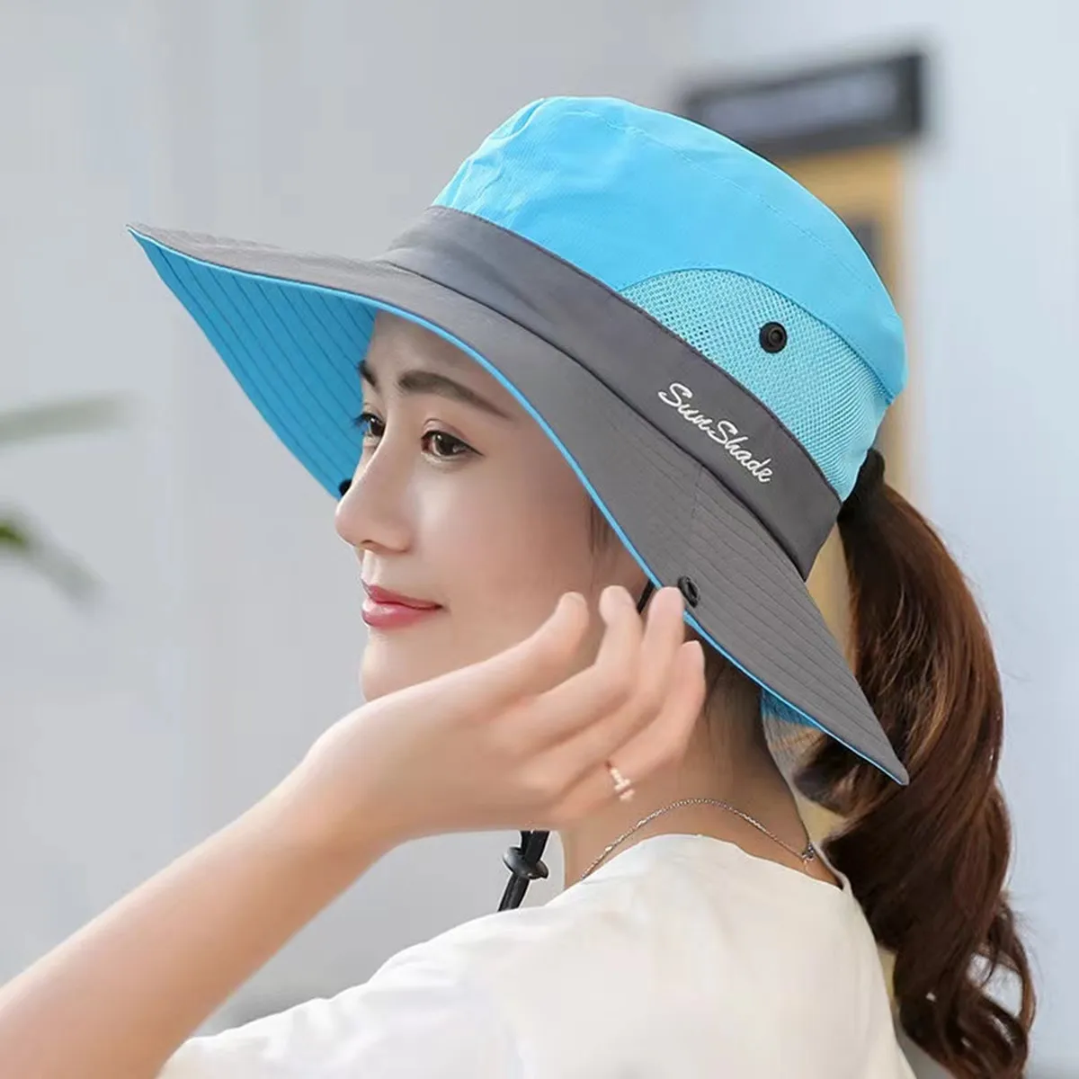 Women Large Brim With Leaking Ponytail Quick Drying Bucket Hats Fishermen Caps Outdoor Casual Cap Women Sunscreen Hat