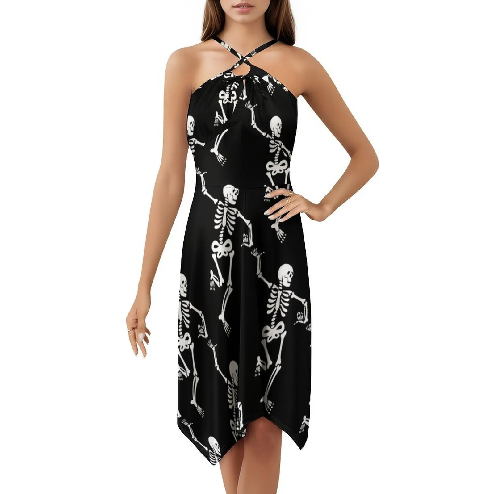 هالوين الرقص الهياكل العظمية نمط على خلفية سوداء المرأة الشارع الشهير فستان الحفلات العصرية طباعة نادي الملابس للإناث