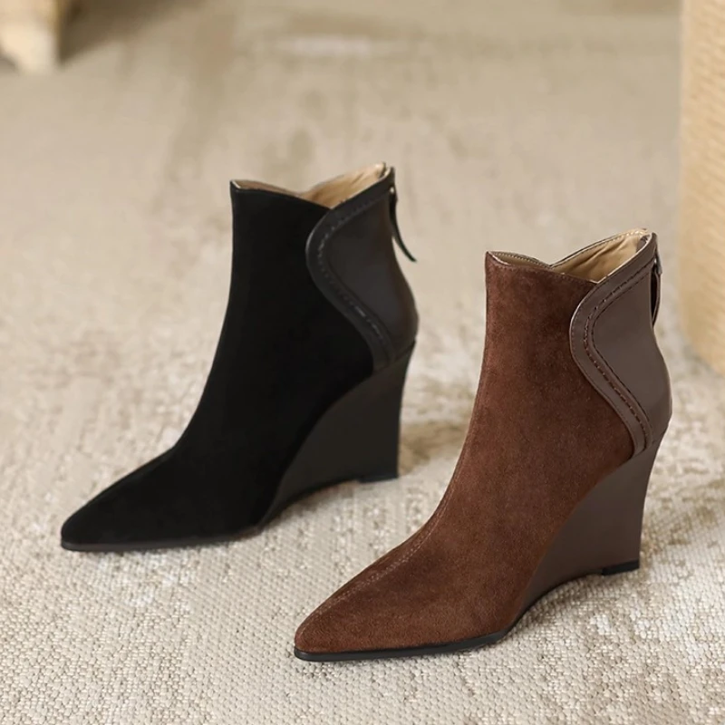 

Wedge Ankle Boots Women New High Heels Shoes French Style 2025 Winter Suede Pointed Toe Snow Boots Elegant Woman Shoes Zapatos