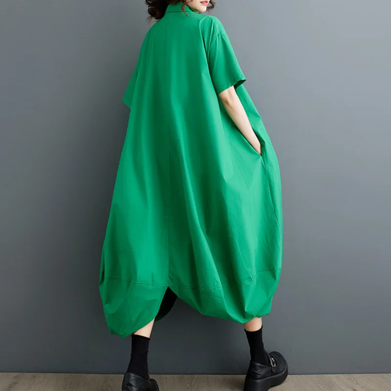 Robe longue de style coréen pour femmes, chemise à boutons sur le devant, chemise courte, noir, vert, bleu, #3943