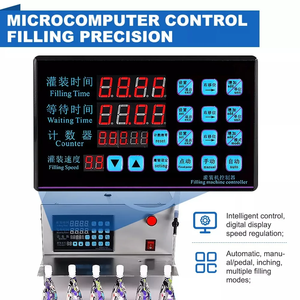 6 Head Automatic Liquid Filling Machine Electric Stand Up Bag Bottle Filler