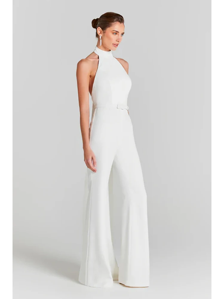 Sexy Halter Neck Long Draped Jumpsuit Women White Sleeveless Backless Slim Fit Wide Leg Jumpsuit Elegant Evening Party Runway