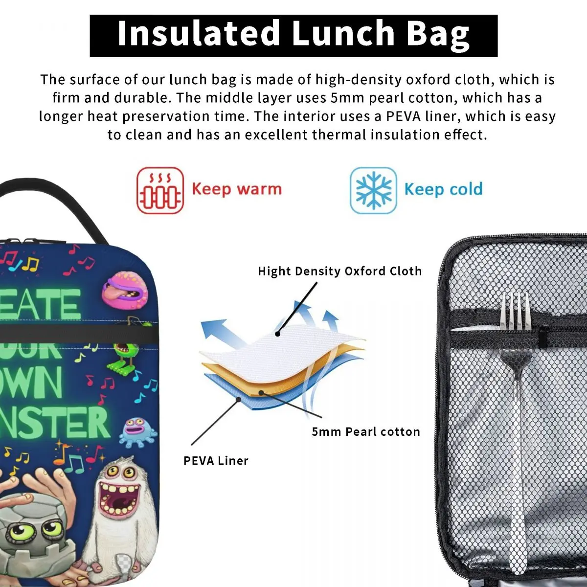 Printable My Singing Monster Party Activity Accessories Insulated Lunch Bag For Office Food Box Portable Thermal Lunch Boxes