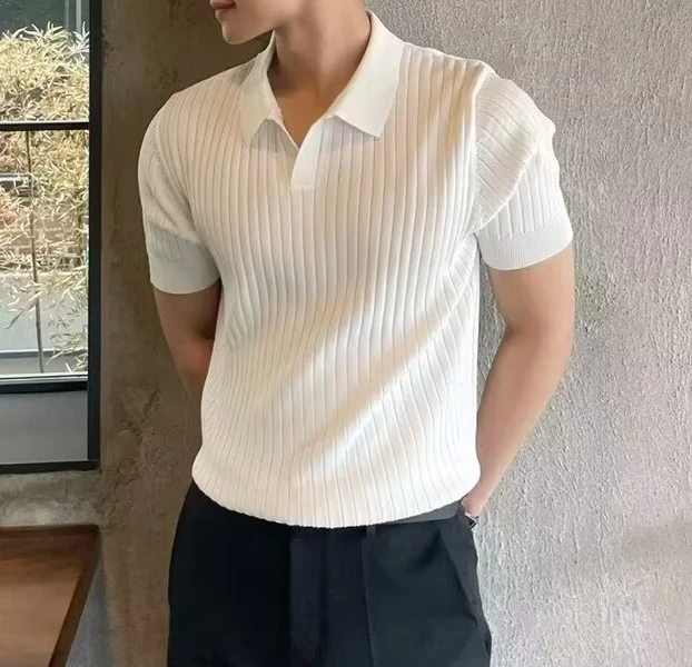 Summer Light Mature POLO Sugi Men Slim Lapel Solid Color Casual Thin Knitted T-shirt