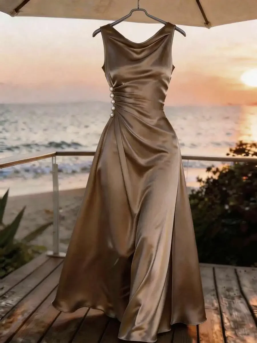 Franclia Women's Elegant Champagne Satin Dress, Brown And Cream Summer Dining Maxi Dress, Waist Ruched Smooth Fabric, Pearl