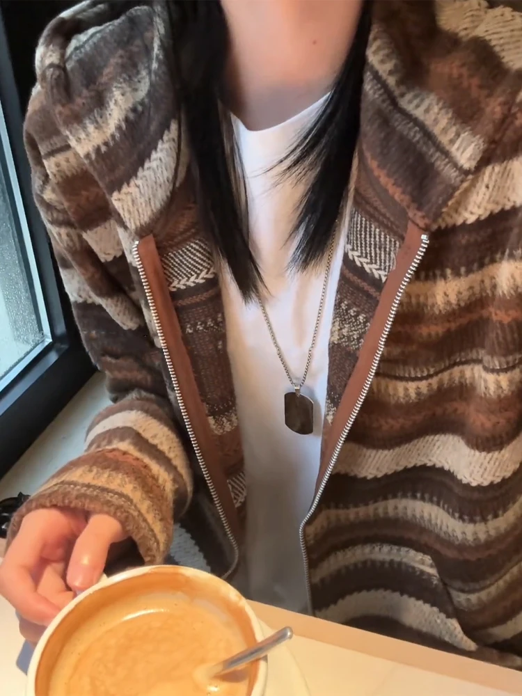

Retro Ethnic Stripe Knitted Woolen Hoodie Men's Autumn Lazy Loose Fit Cardigan Zipper ort Sve Cleanfit Stand Size