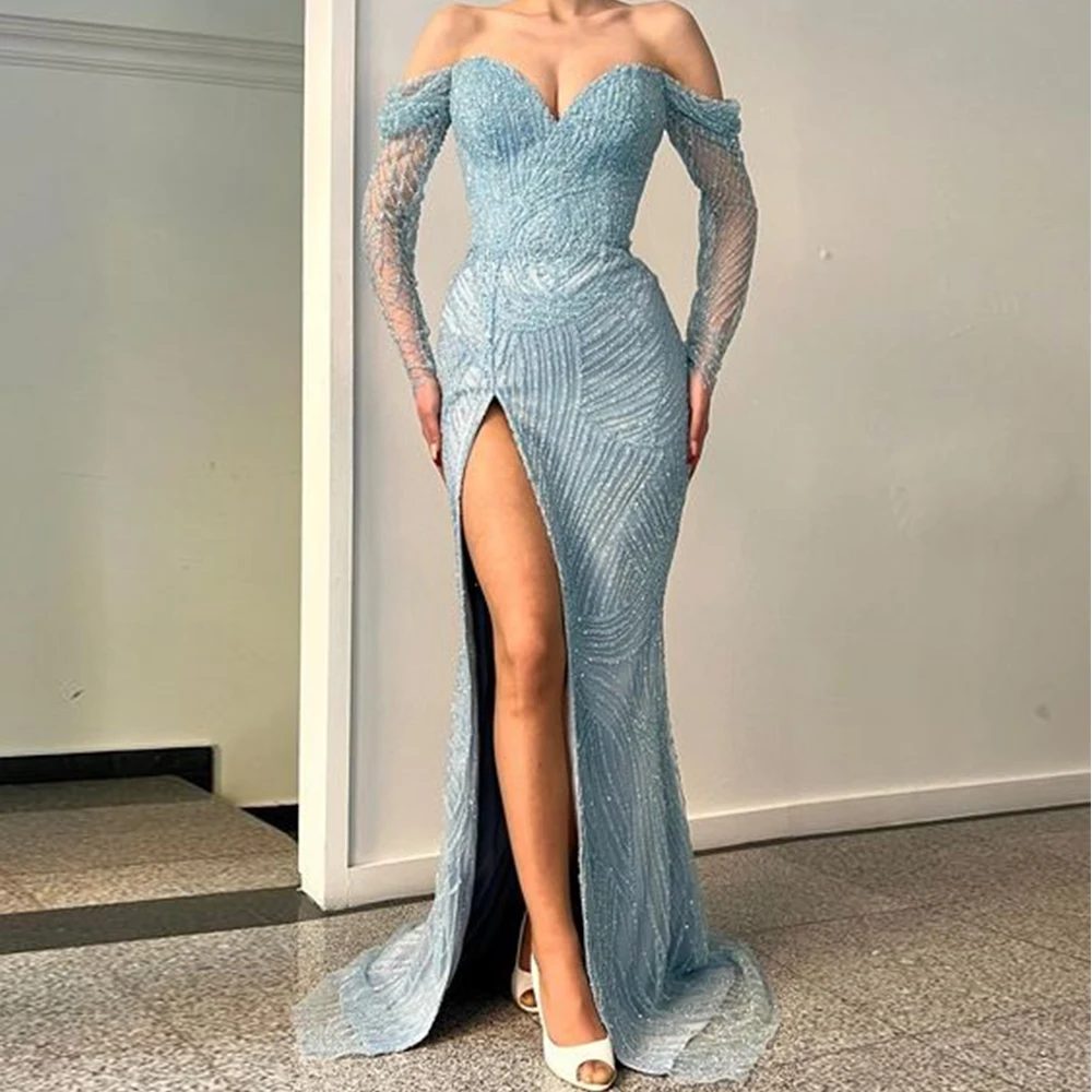 Royal High Slit Party Gowns 2024 Summer Off Shoulder Sweetheart Evening Dresses Spring Beading Prom Dress New Vestidos De Fiest