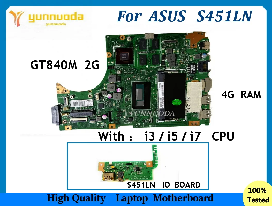 S451LN for ASUS V451L S451L S451LB S451LA Laptop Motherboard with i3 i5 i7 CPU 4G RAM GT840M  2G GPU USB IO board 100% tested