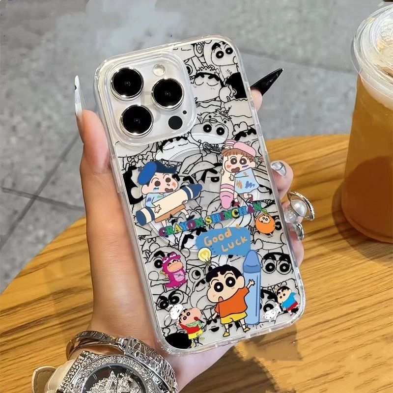 

Luxury Cute Graffiti Crayon Shin-chan Magsafe Wallet Wireless Charg Case For iPhone 13 14 11 12 15 16 Pro Max Magnetic Cover ﻿