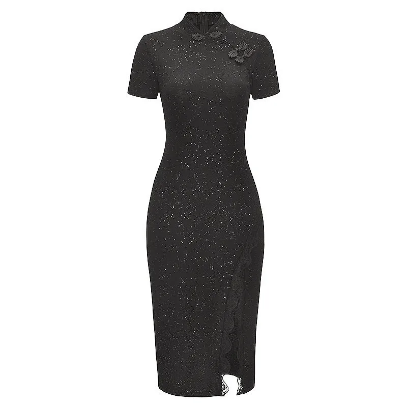 

Extra Large Size Mid-Length Qipao Dress with Lace Splicing And Slit for Women Who Weigh 200 Pounds Special plus Size Fashion