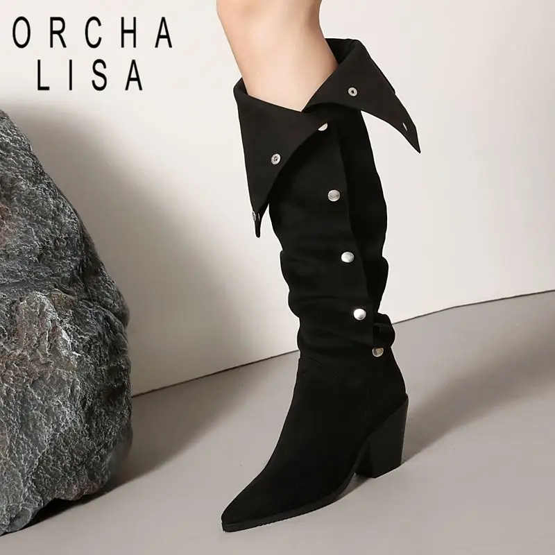 

Fashion Apricot Women Thigh Boots Pointed Toe 7cm Block Heels Zipper Botton Flock Suede Large Size 44 45 46 Autumn