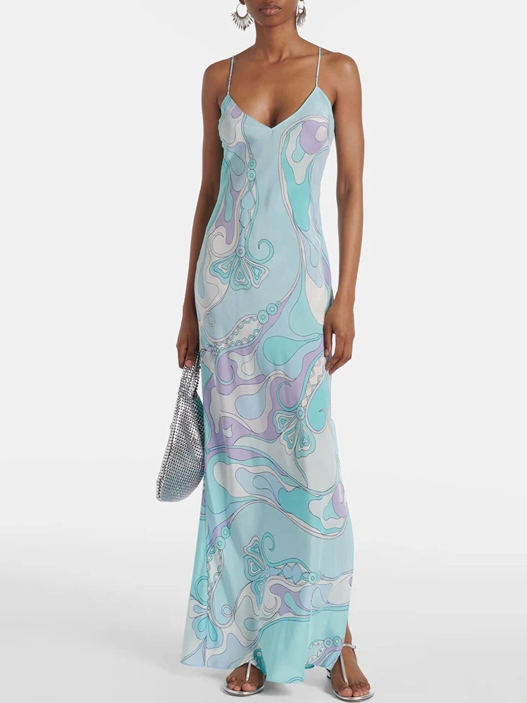 Image of Sommermode Strandresort Elegantes Geometrisches Muster Langes Kleid Damen Spaghetti-Träger Hochgeschnittenes Sexy Kleid mit Hohem Seitenschlitz