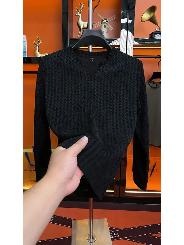 

Мужская футболка в клетку с V-образным вырезом и длинным рукавом, полосатая базовая футболка, модная толстовка для пар, осенняя повседневная одежда из полиэфирного волокна