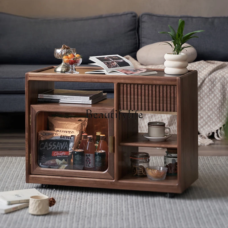 

Solid Wood Sofa Side Table Side Cabinet Removable Tea Cabinet Black Walnut Stone Plate Tea Table Storage